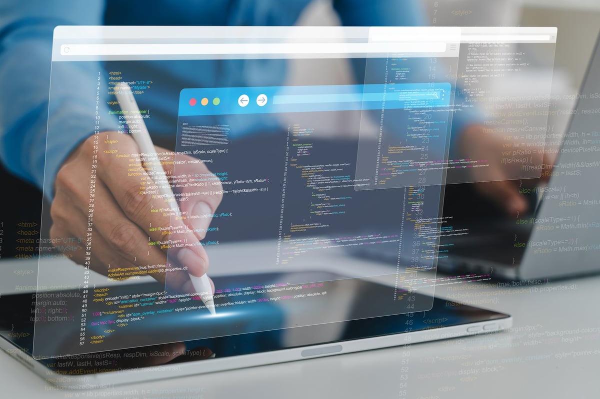 Professional programmer hands on tablet with coding code interface, Software development, cybersecurity and web development, Digital transformation and cloud computing concept