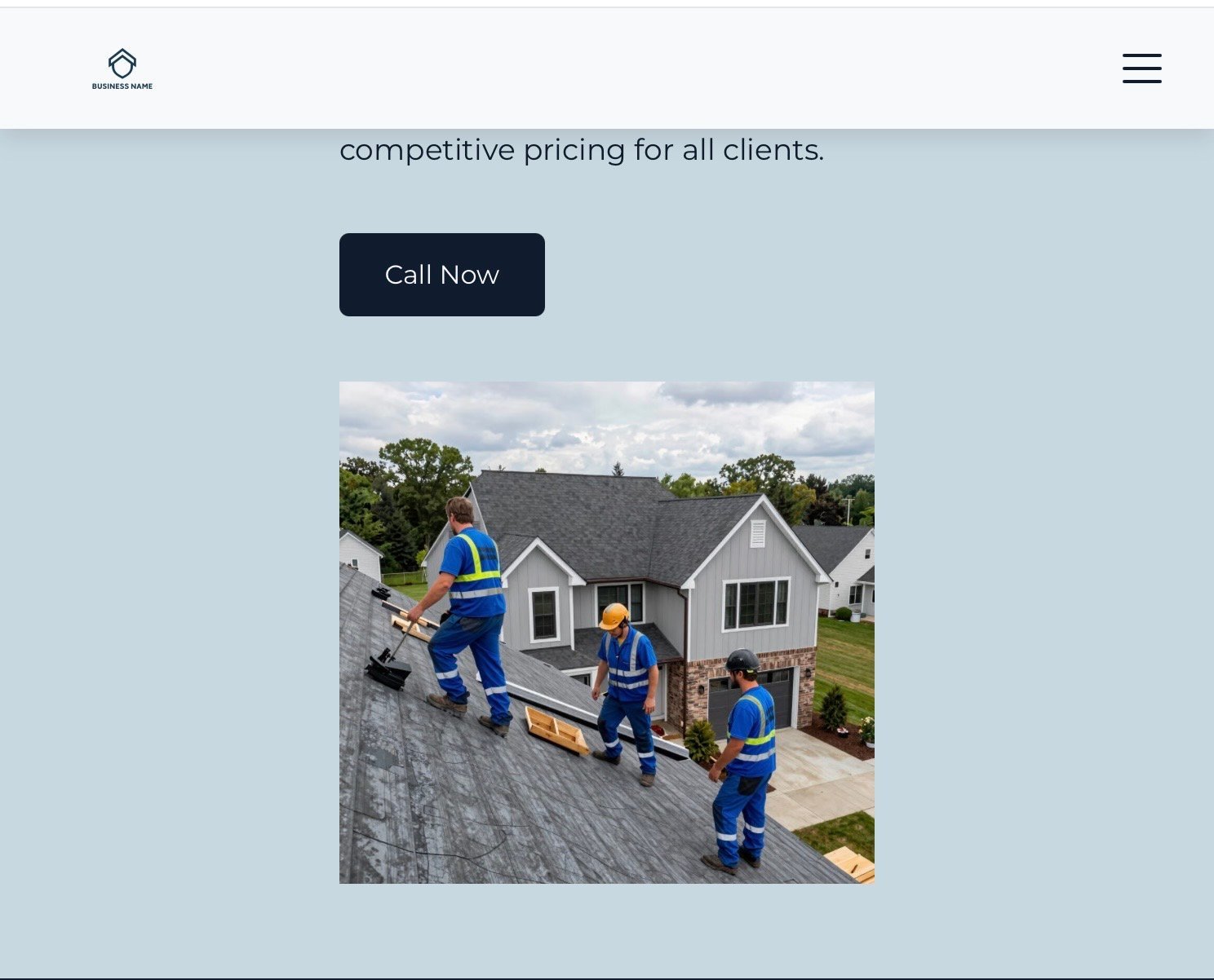 Three workers in blue uniforms installing roofing materials on a residential house during daytime