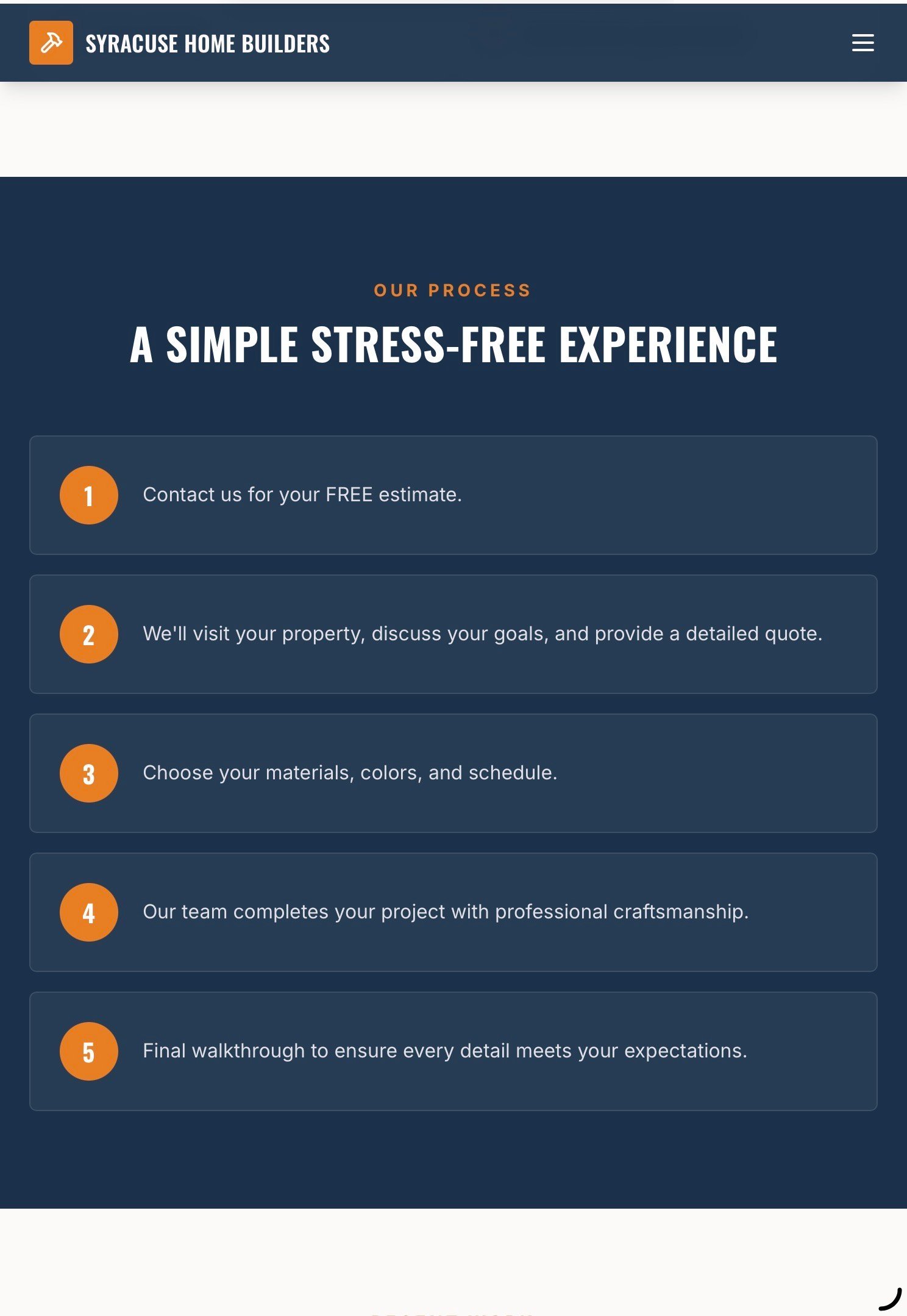 Syracuse Home Builders 5-step process: contact for estimate, property visit, choose materials, complete project, and final walkthrough