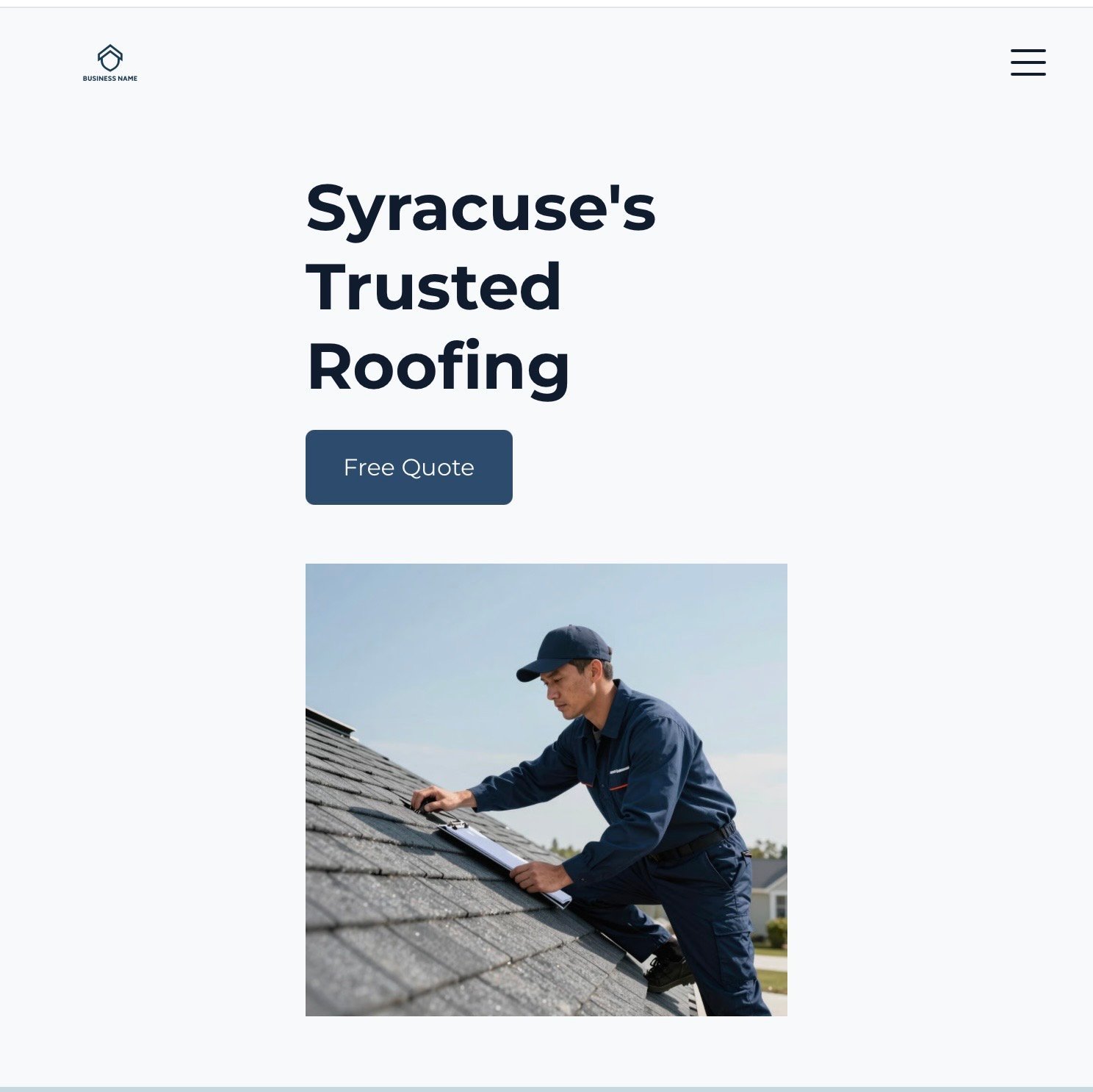 Roofer in navy uniform and cap working on asphalt shingle roof with clear sky in background