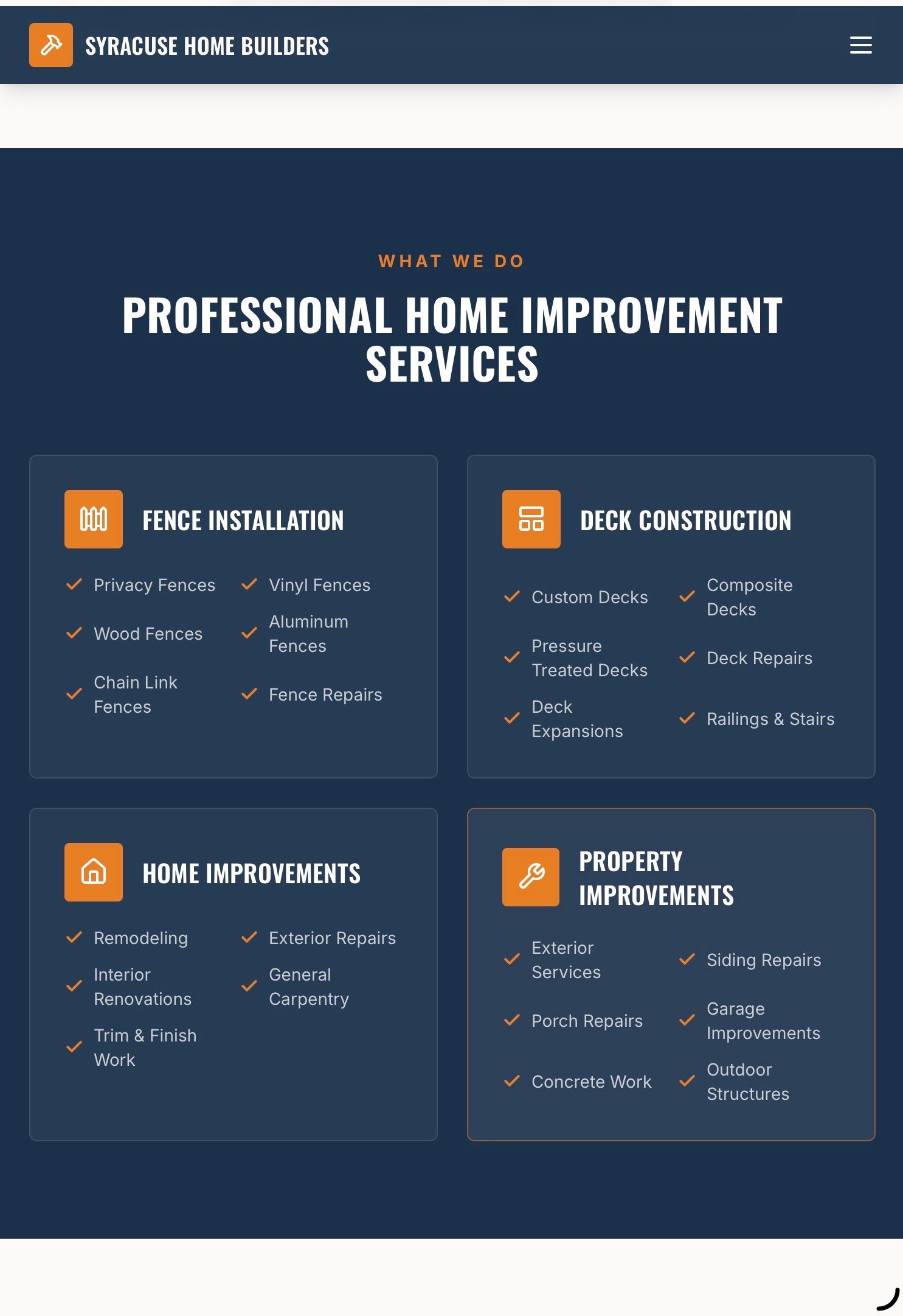 Syracuse Home Builders professional home improvement services including fence installation, deck construction, home improvements, and property improvements.