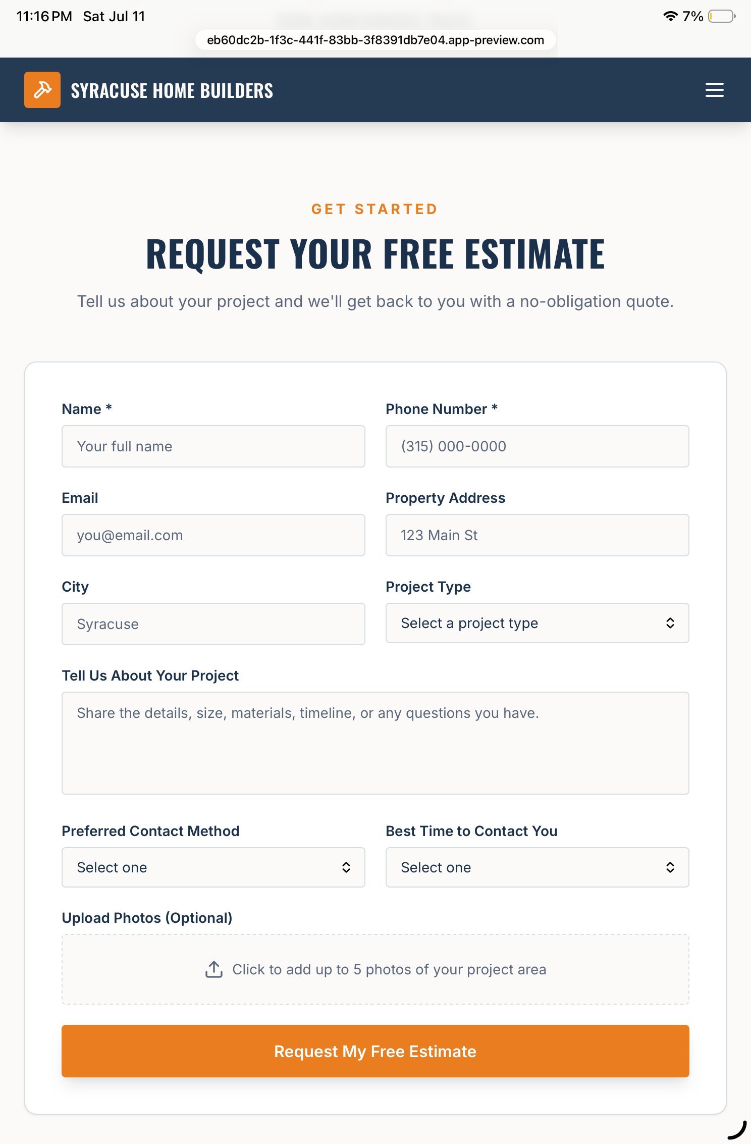 Syracuse Home Builders free estimate request form with fields for name, contact info, project details, and photo upload