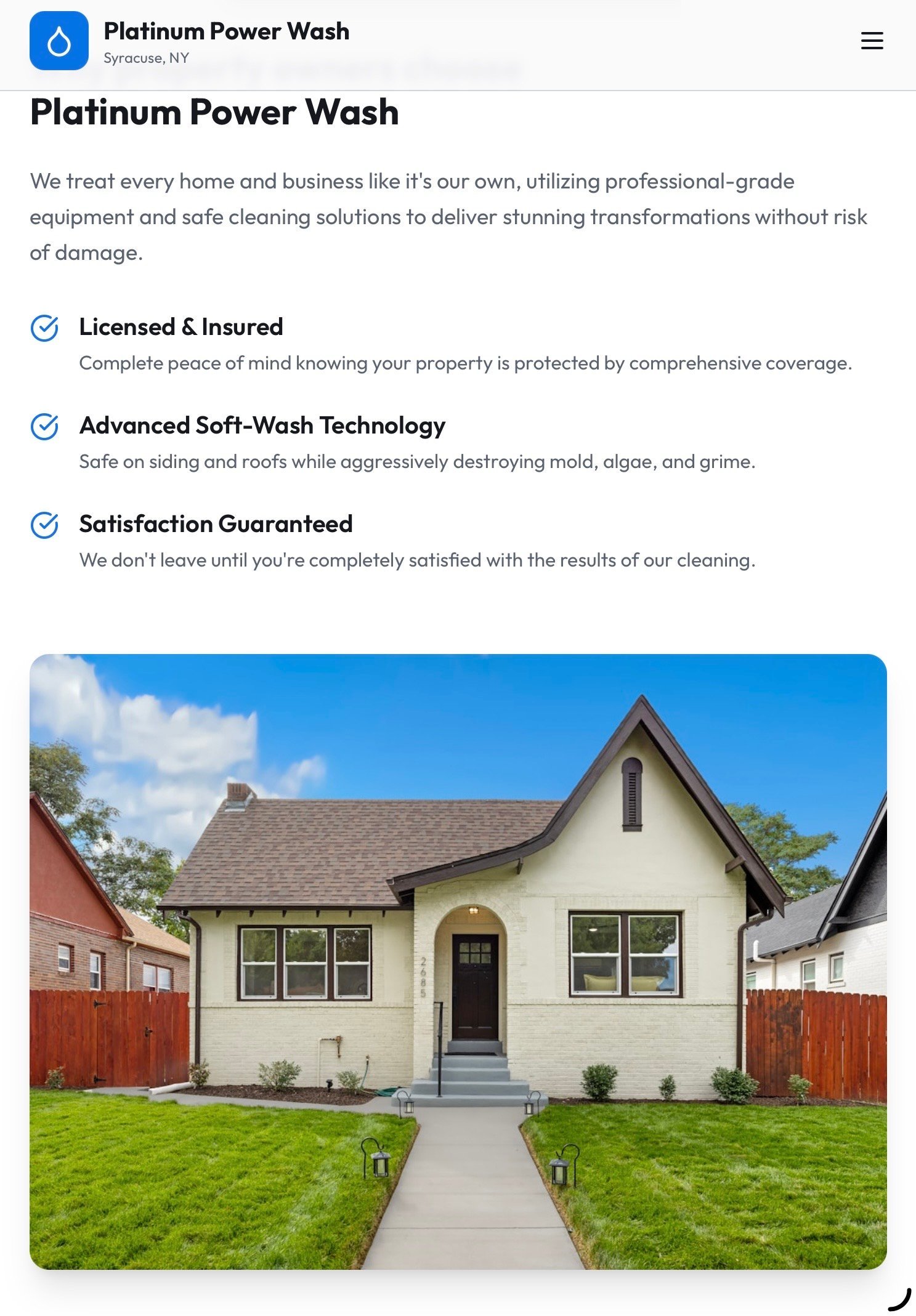 Platinum Power Wash website header showing a clean white house with manicured lawn and professional pressure washing services information