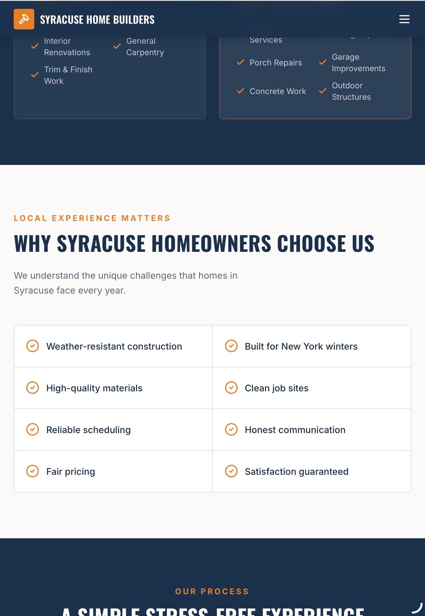 Syracuse Home Builders website showing service menu and reasons customers choose them including weather-resistant construction, quality materials, and fair pricing.