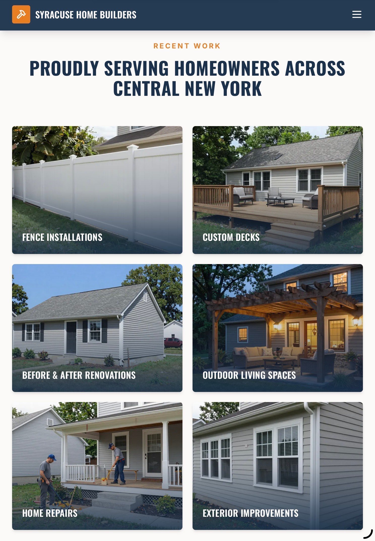 Syracuse Home Builders portfolio showcasing six home improvement projects: fence installations, custom decks, renovations, outdoor living spaces, home repairs, and exterior improvements.