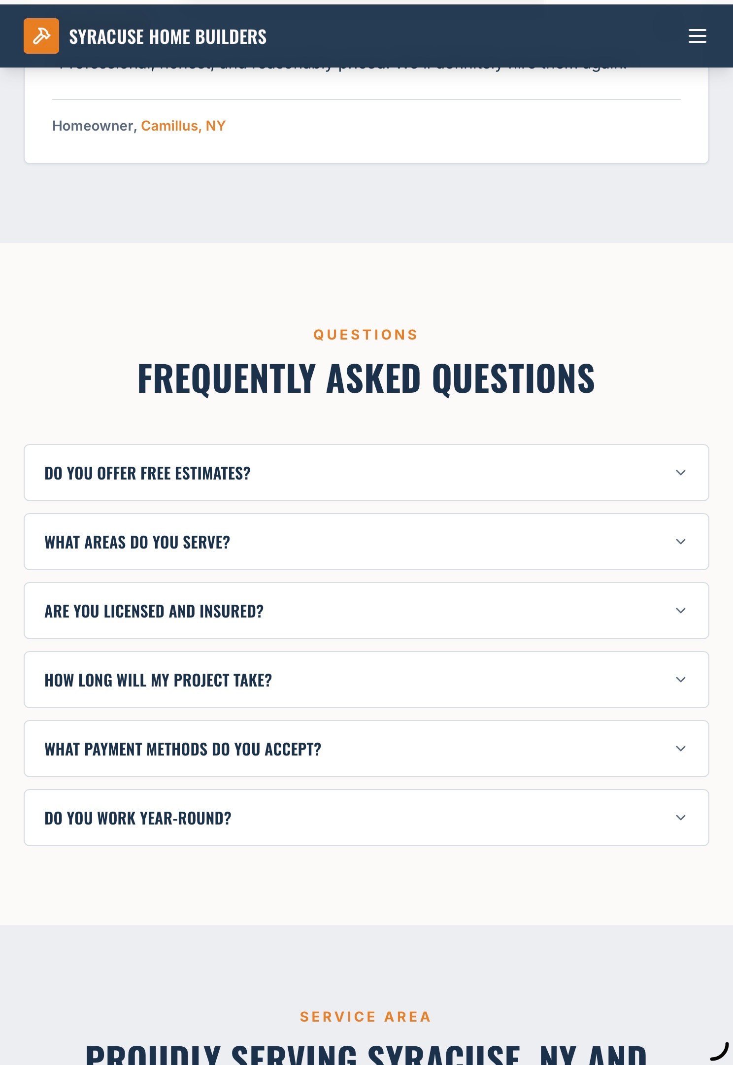 Syracuse Home Builders website showing frequently asked questions section with expandable questions about free estimates, service areas, licensing, project timeline, payment methods, and year-round work availability