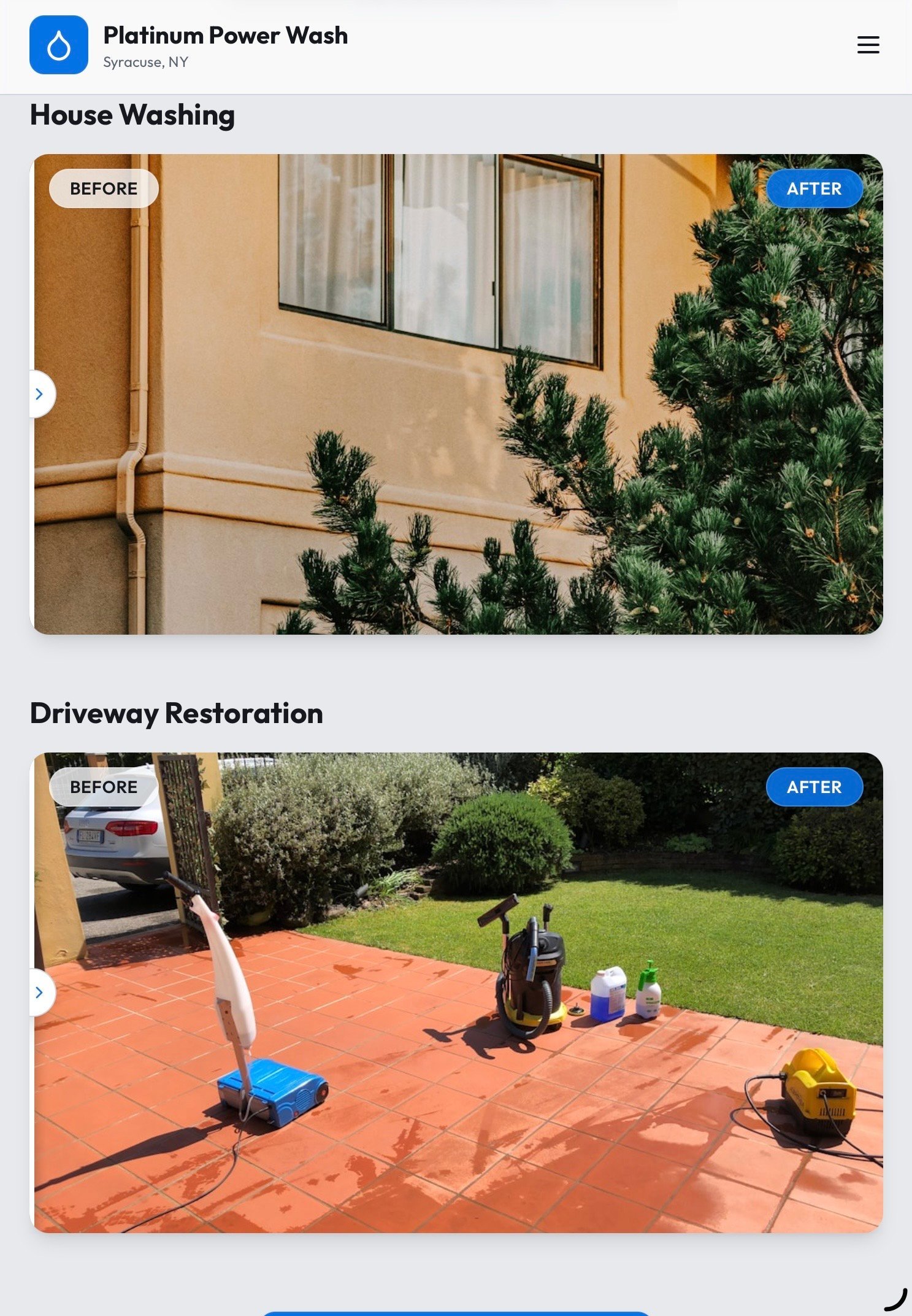 Platinum Power Wash website showing before and after photos of house washing and driveway restoration services in Syracuse, NY