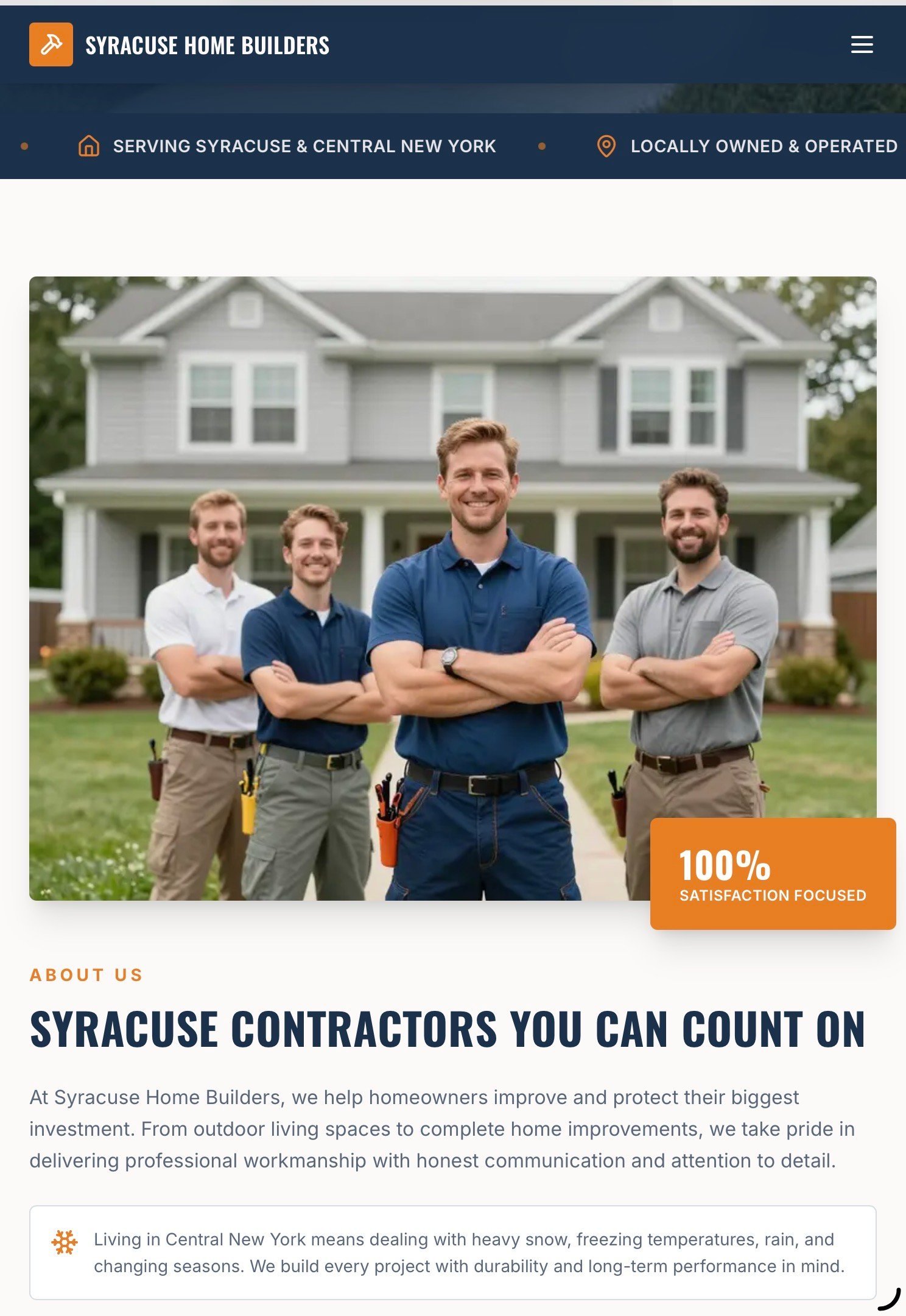 Four male contractors in work attire standing with arms crossed in front of a white two-story home