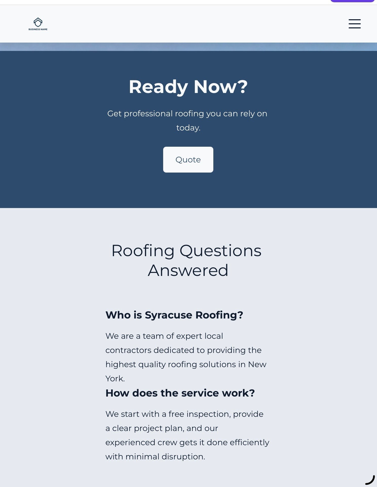 Roofing company website section showing Ready Now call-to-action with quote button and FAQs about Syracuse Roofing services