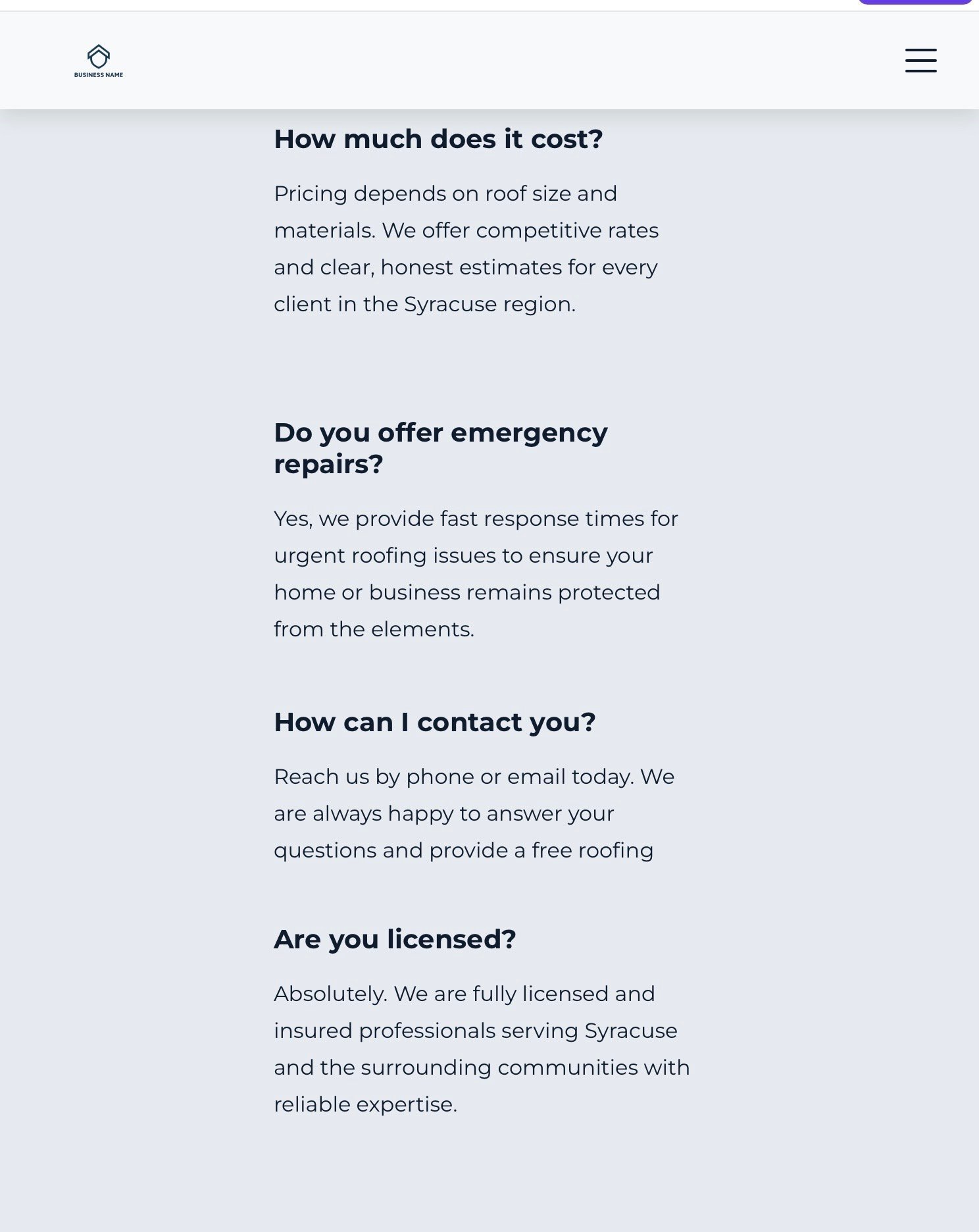 FAQ section with questions about roofing services including cost, emergency repairs, contact information, and licensing details