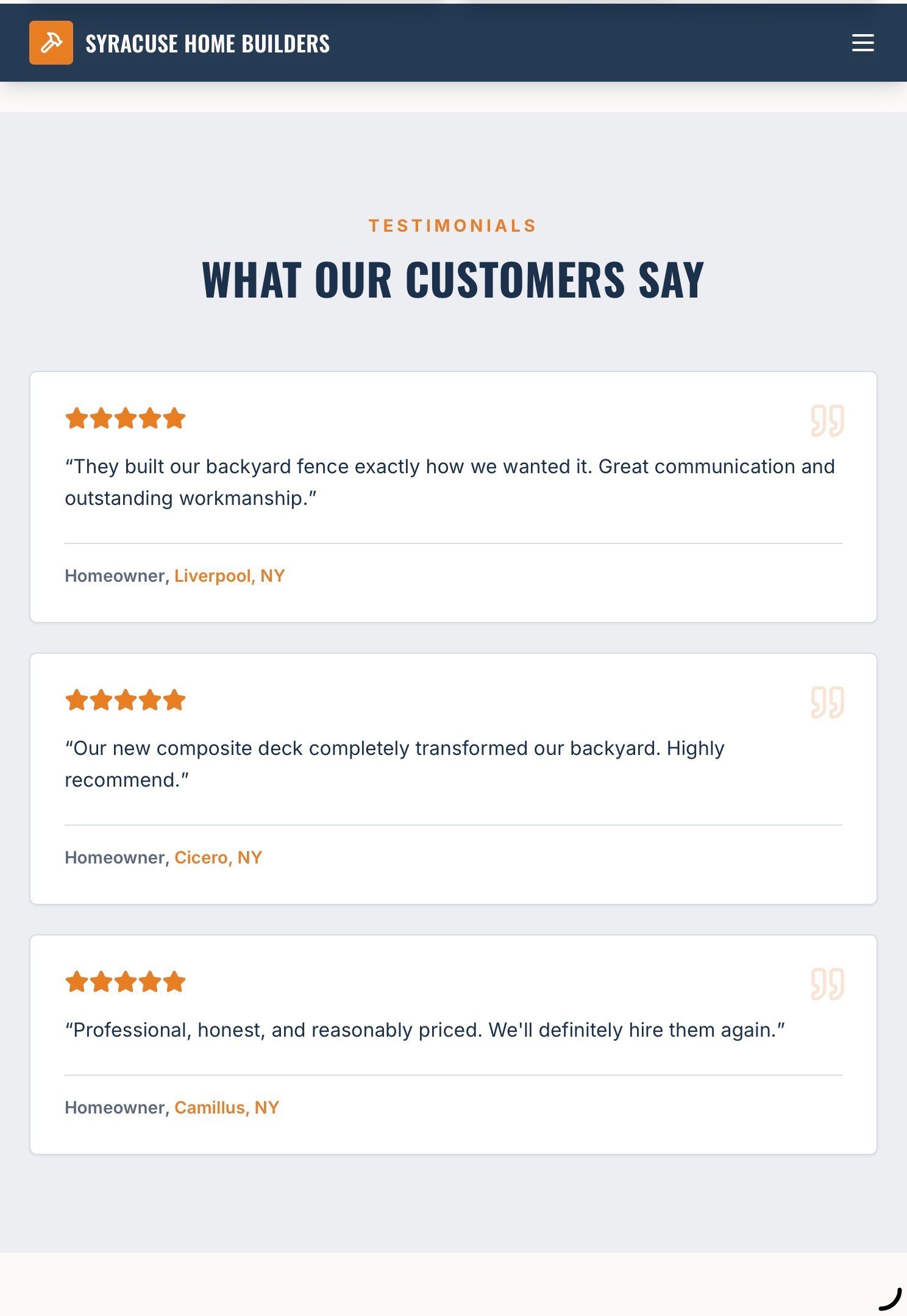 Customer testimonials section for Syracuse Home Builders showing three five-star reviews from homeowners in Liverpool, Cicero, and Camillus, NY
